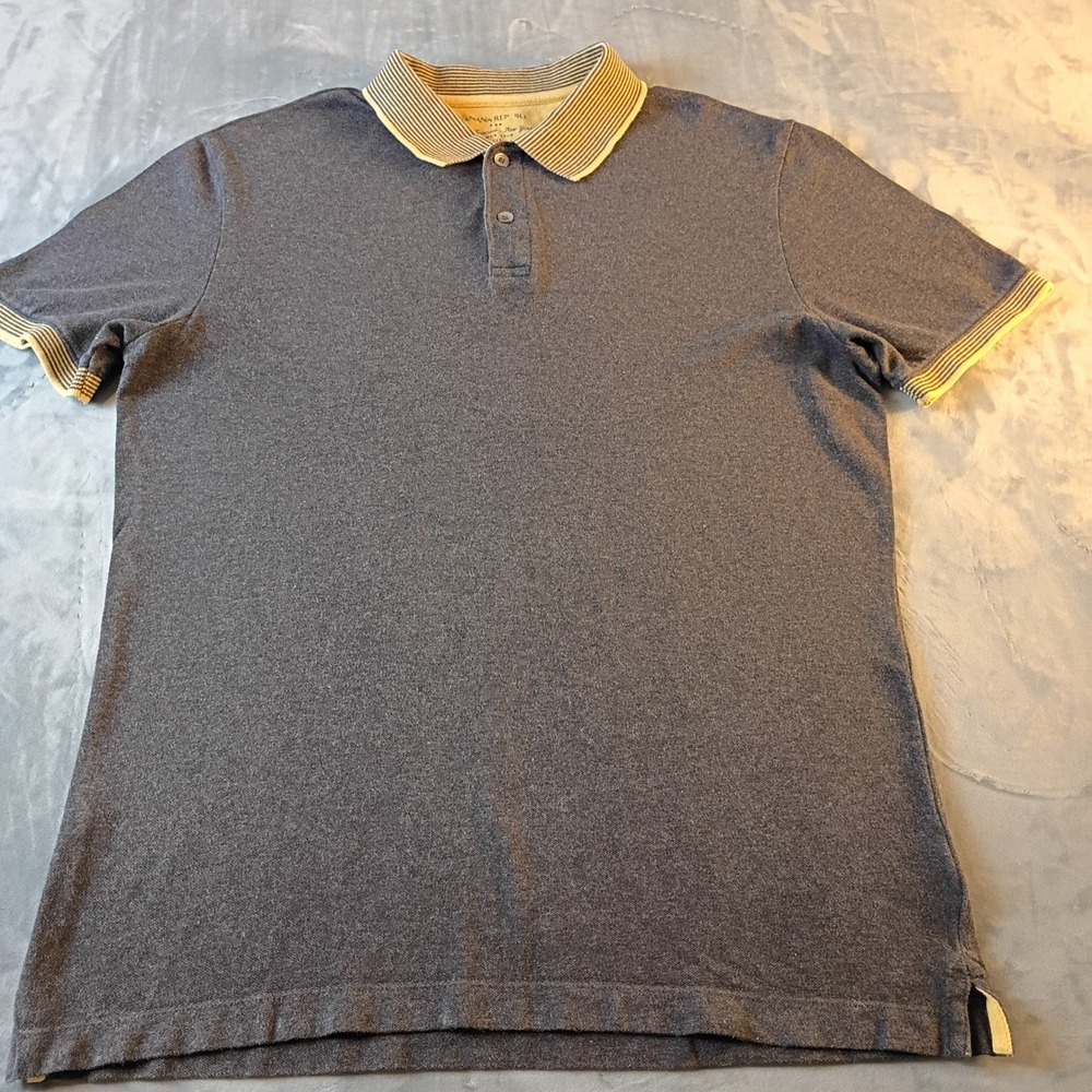 Banana Republic Mens Polo Shirt Medium Gray Heather Striped Collar Short Sleeve